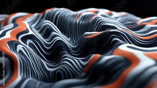 Abstract Wavy Pattern Textile Design Featuring Black White and Orange