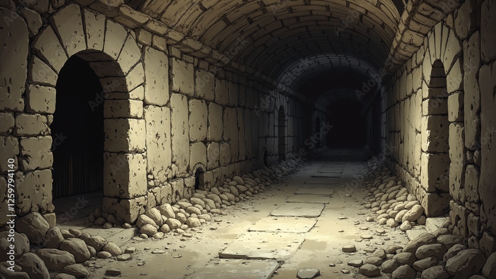 Illustration of an empty ancient crypt, the corridor is damp and dark Illustration of an empty ancient crypt, the corridor is damp and dark
