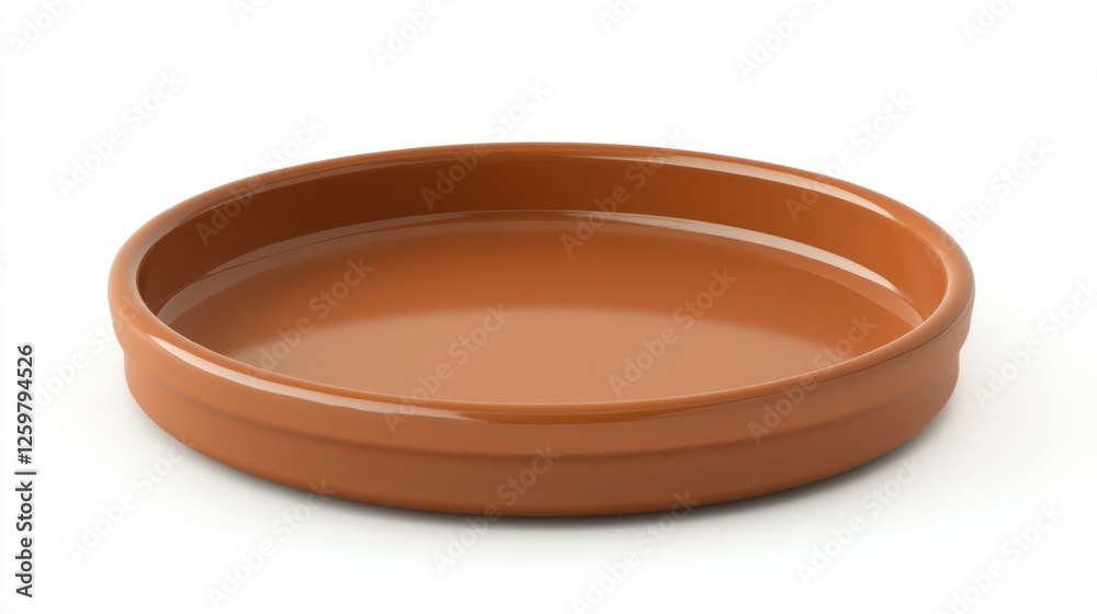 Empty terracotta dish, studio shot, white background, food preparation Empty terracotta dish, studio shot, white background, food preparation