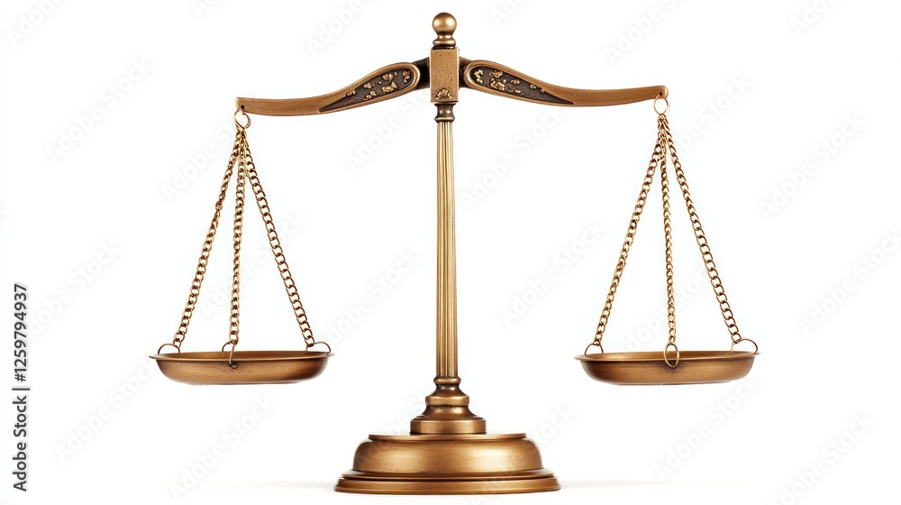 Brass scales balance justice; white background, legal concept Brass scales balance justice; white background, legal concept