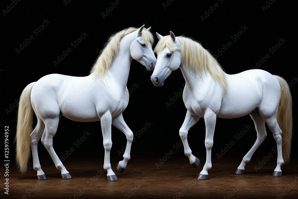 Fototapeta premium there are two white horses standing next to each other on a black background