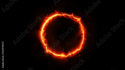 A fiery ring animation with electric energy and dynamic particles, glowing red on a black background, symbolizing intensity and power, suitable for dramatic content.alpha channel only 4k.
