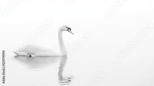 Solitary swan swimming misty lake, serene reflection, nature background, peaceful card