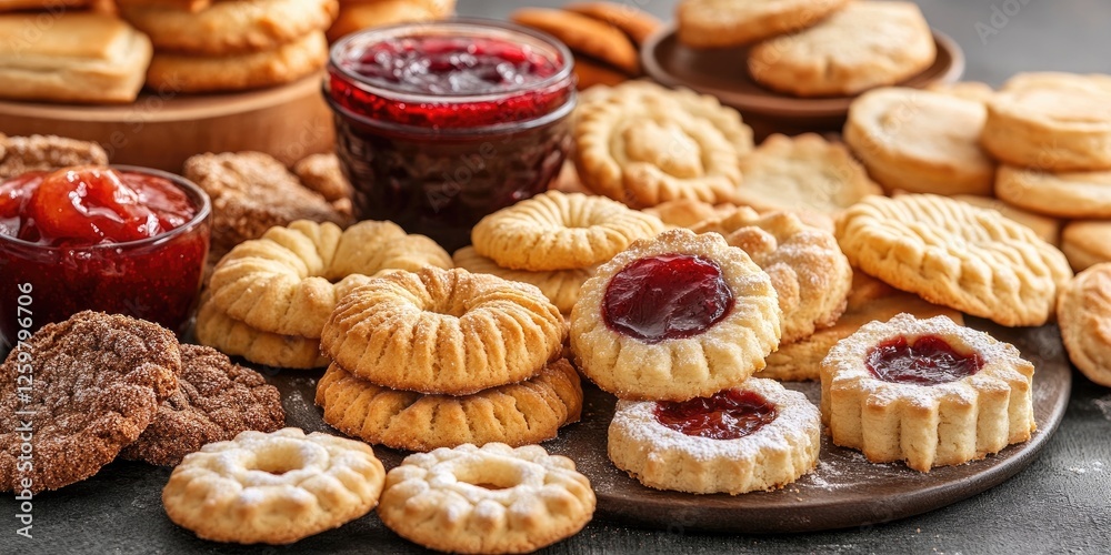 Assorted puff cookies with fruit jam on wooden plates displayed against a dark background showcasing warm brown and golden hues perfect for desserts Assorted puff cookies with fruit jam on wooden plates displayed against a dark background showcasing warm brown and golden hues perfect for desserts