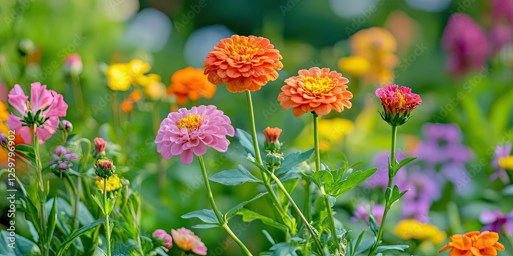 Colorful blooming zinnias and wildflowers in a vibrant garden setting with various shades of pink, orange, and yellow against a blurred green background. Colorful blooming zinnias and wildflowers in a vibrant garden setting with various shades of pink, orange, and yellow against a blurred green background.