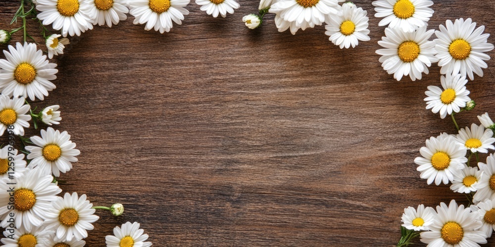 Obraz premium Fresh white daisies with yellow centers arranged in a circular loop on a textured brown wooden surface, creating a natural frame effect.