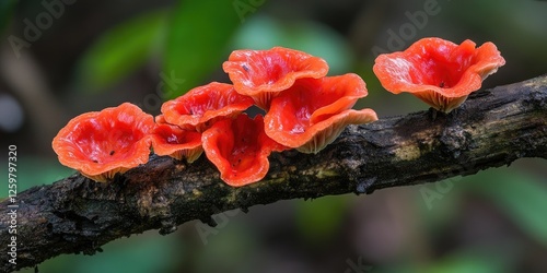 Vibrant red Scarlet Elfcup fungus clusters on a decaying twig against a blurred green background with ample copy space for text. photo