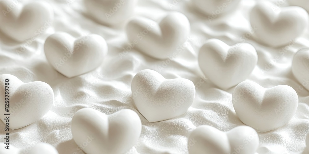 White heart-shaped styrofoam arranged in rows on a textured white background creating a soft romantic theme ideal for Valentine's Day. White heart-shaped styrofoam arranged in rows on a textured white background creating a soft romantic theme ideal for Valentine's Day.