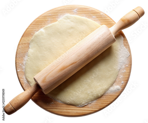 Rolling pin and pizza dough on a board on a transparent background