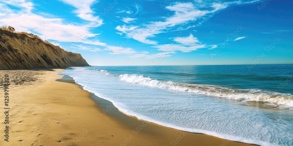 Fototapeta premium Serene beach landscape with golden sand and gentle waves, clear blue ocean under a vibrant sky with wispy clouds, cliffs in the background.