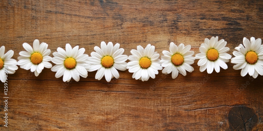 Obraz premium White daisies with yellow centers arranged in a straight line on a rustic brown wooden surface creating a natural and calming aesthetic.