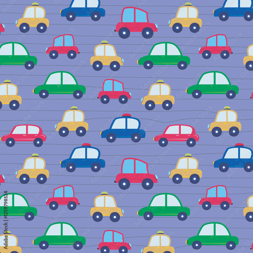 Fototapeta premium a seamless, trend pattern of cars. Transport background for children. A template with doodles of toy cars, road signs. for print, paper, banner. art vector illustration.