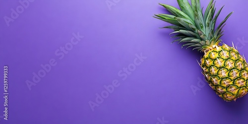 Fresh pineapple positioned diagonally on the right side of a vibrant purple background creating a bold and colorful composition.