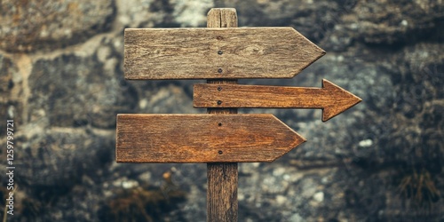 Wooden directional sign with two arrows pointing right and left against a textured stone background symbolizing choices and decision making in business and lifestyle.