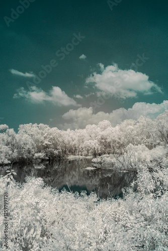 A serene infrared photograph captures a tranquil pond reflecting a lush, snow-like forest under a partly cloudy, teal sky