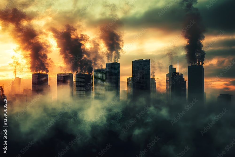 Smog-shrouded city skyline sunset, pollution Smog-shrouded city skyline sunset, pollution