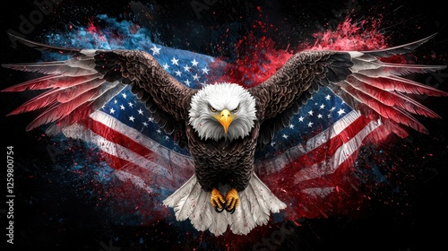 Majestic Bald Eagle Flying Amidst Dramatic American Flag Backdrop in the Sky