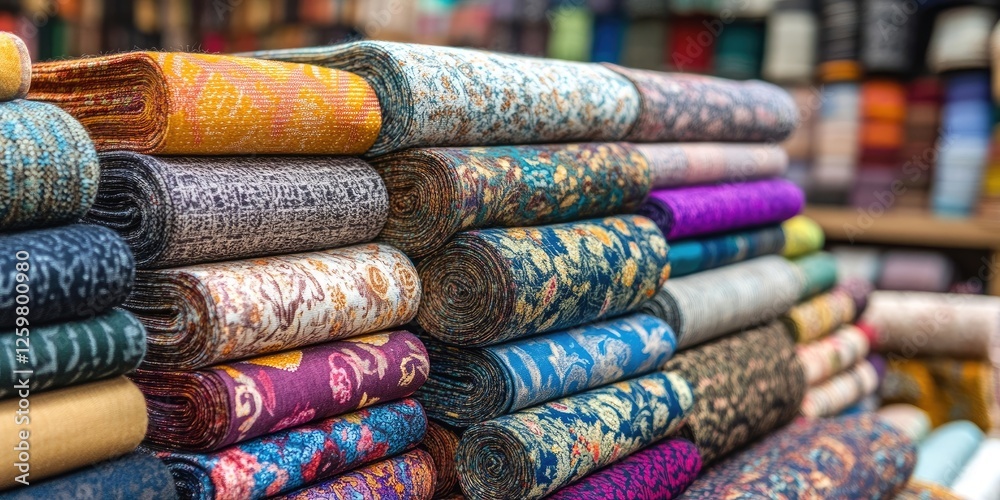 Colorful fabric samples neatly stacked in a textile market showcasing vibrant blues, purples, and golds with blurred background of fabrics. Colorful fabric samples neatly stacked in a textile market showcasing vibrant blues, purples, and golds with blurred background of fabrics.