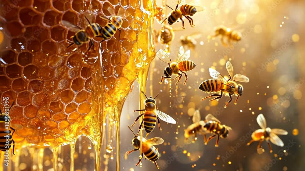 Swarm of bees buzzing around golden honeycomb in sunlight