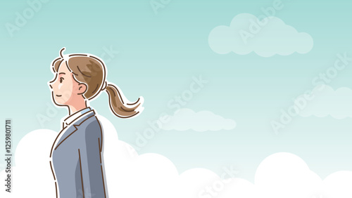 爽やかな青空をバックに前を見つめるスーツ姿の女性の横顔