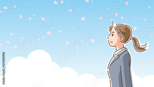 桜が風に舞う中で佇むスーツ姿の女性の横顔