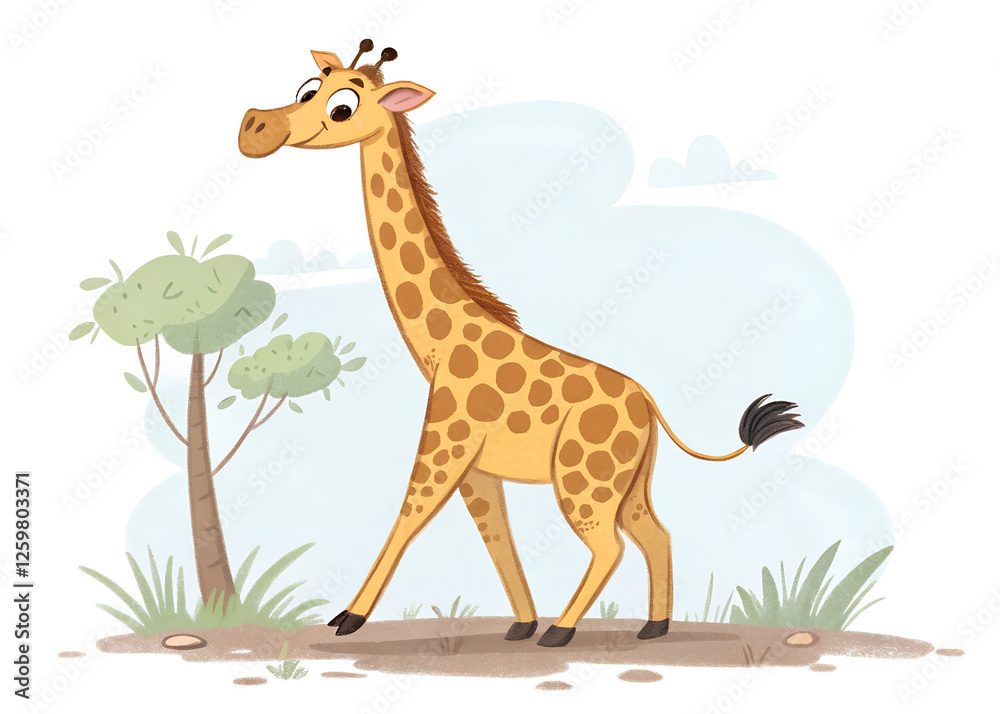 Fototapeta premium The illustration shows a giraffe in a grassy meadow, with a tree behind it.