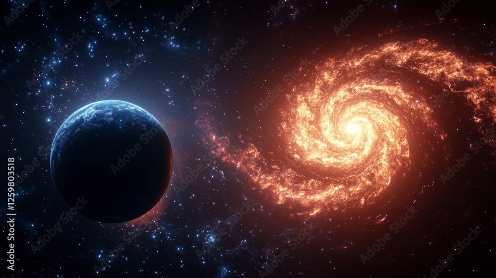 Obraz premium Astronomy planets theories concept. A vibrant cosmic scene featuring a dark planet beside a swirling orange galaxy against a backdrop of stars.