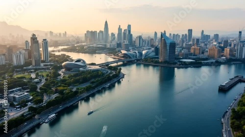 Wallpaper Mural Aerial view of modern city skyline with river reflecting morning sunlight. Urban beauty. Torontodigital.ca