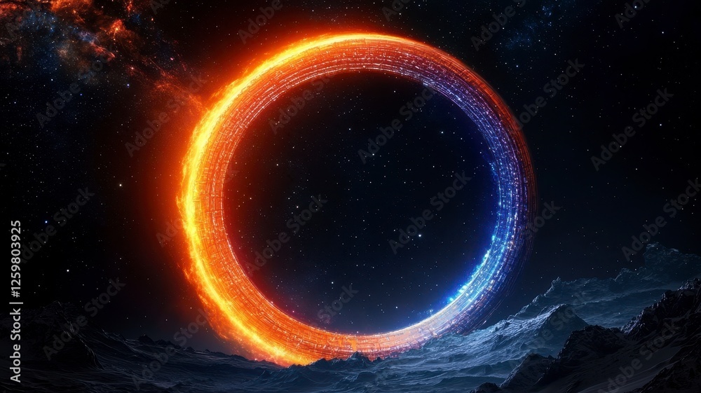Naklejka premium Astronomy planets theories concept. A vibrant cosmic ring glows with orange and blue hues against a dark starry background, evoking a sense of wonder and mystery.