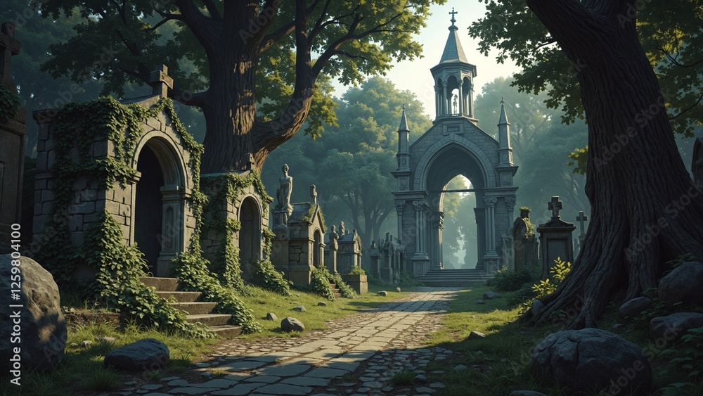 Obraz premium Illustration of an ancient abandoned medieval cemetery
