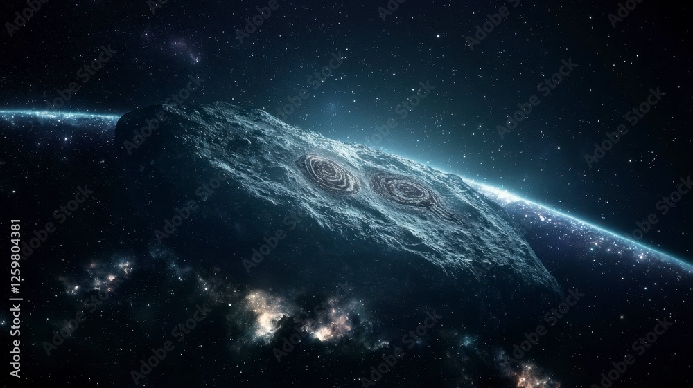 Obraz premium Astronomy planets theories concept. A stunning view of a mysterious celestial body floating in space, illuminated by a distant star, surrounded by a galaxy of twinkling stars.