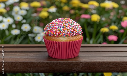 Sprinkled cupcake on park bench, floral background; spring treat photo