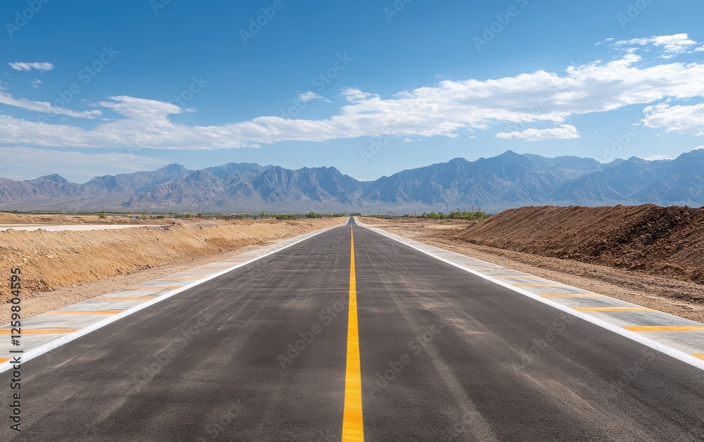 Dynamic Racing Track Scene: A racing track marked with bold white and orange lines runs through a scenic landscape with mountains in the distance. Dynamic Racing Track Scene: A racing track marked with bold white and orange lines runs through a scenic landscape with mountains in the distance.