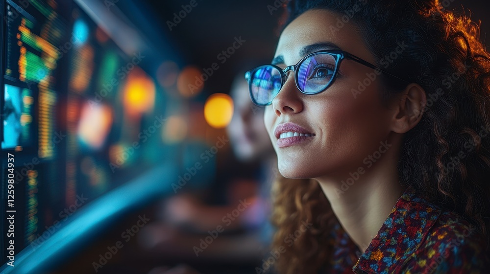 Woman analyzing data on screens, team background, night office, stock photo Woman analyzing data on screens, team background, night office, stock photo