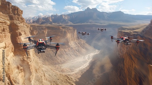 A high-altitude racing drone competition, drones soaring through a canyon, flying at breakneck speeds