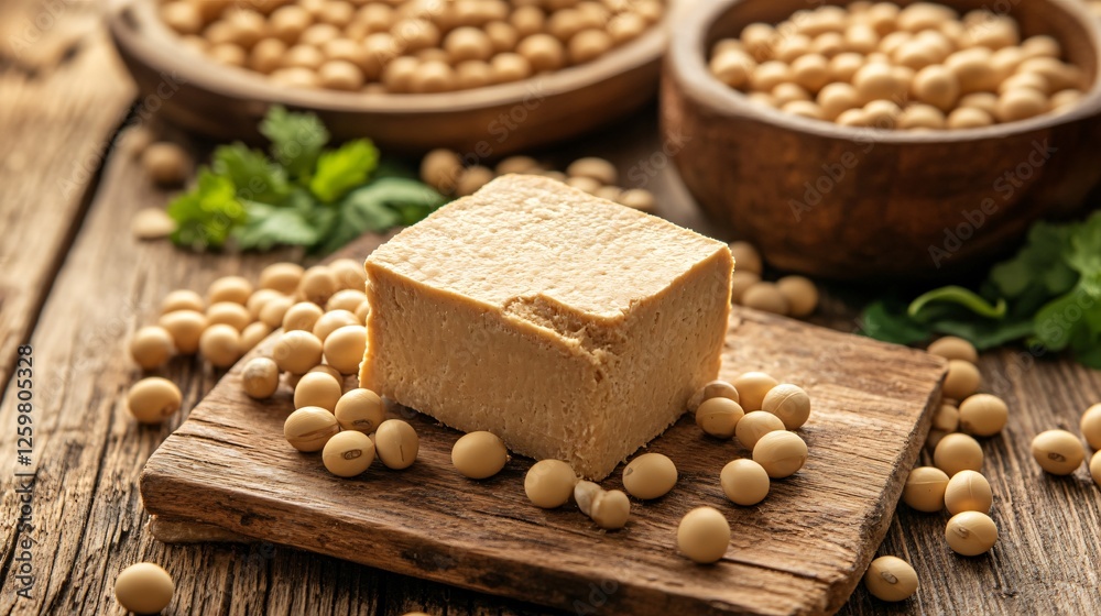 Firm Tofu Block with Soybeans on Rustic Wooden Board Firm Tofu Block with Soybeans on Rustic Wooden Board