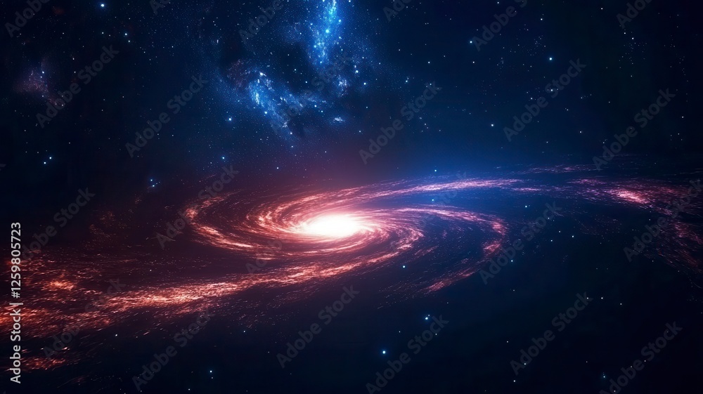 Obraz premium Astronomy planets theories concept. A mesmerizing galaxy spirals in a dark cosmic space, showcasing vibrant colors and swirling stars against a backdrop of deep blue and black.