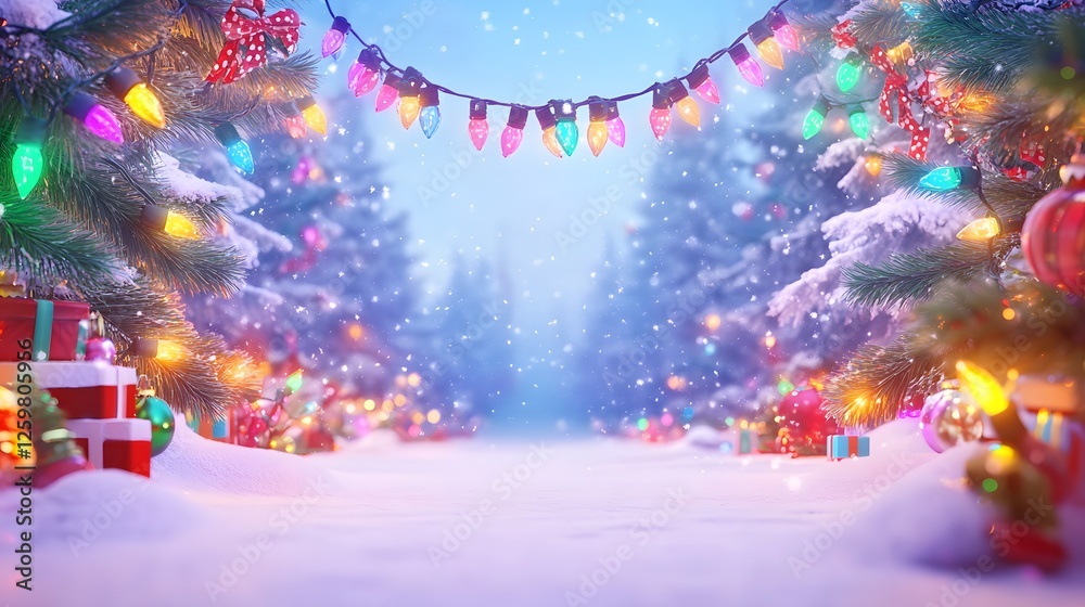 Christmas scene with snow covered trees and colorful lights Christmas scene with snow covered trees and colorful lights