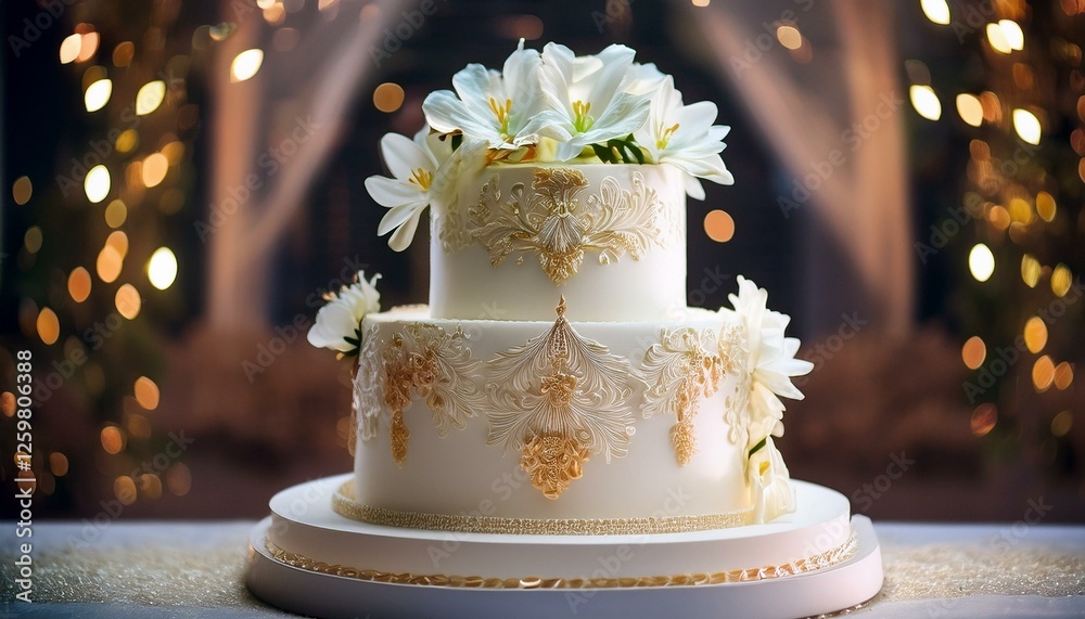 Fototapeta premium White wedding cake with flowers luxury beautiful modern decorations for bride, love