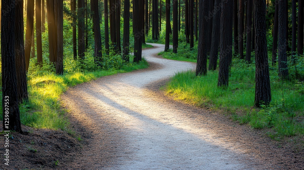 A winding path through a sunlit forest, surrounded by tall trees and lush greenery, invites exploration and tranquility. A winding path through a sunlit forest, surrounded by tall trees and lush greenery, invites exploration and tranquility.