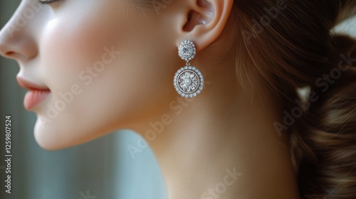 well-groomed woman shows silver earrings in her ear. Earring image for online sales.