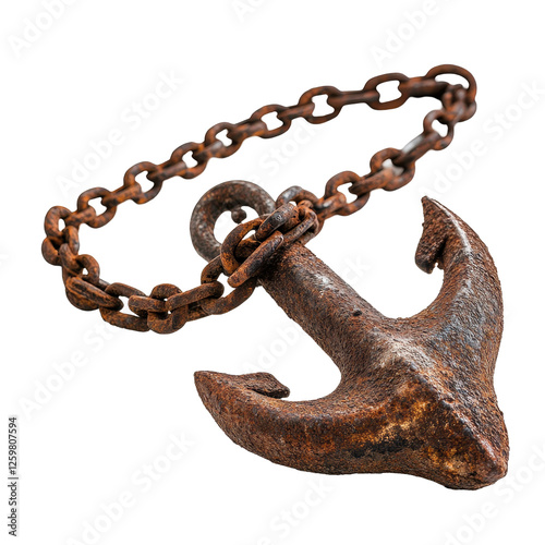 Rusty chain linked to an abandoned anchor set against a Transparent background, Rusty chain an abandoned anchor, PNG background photo