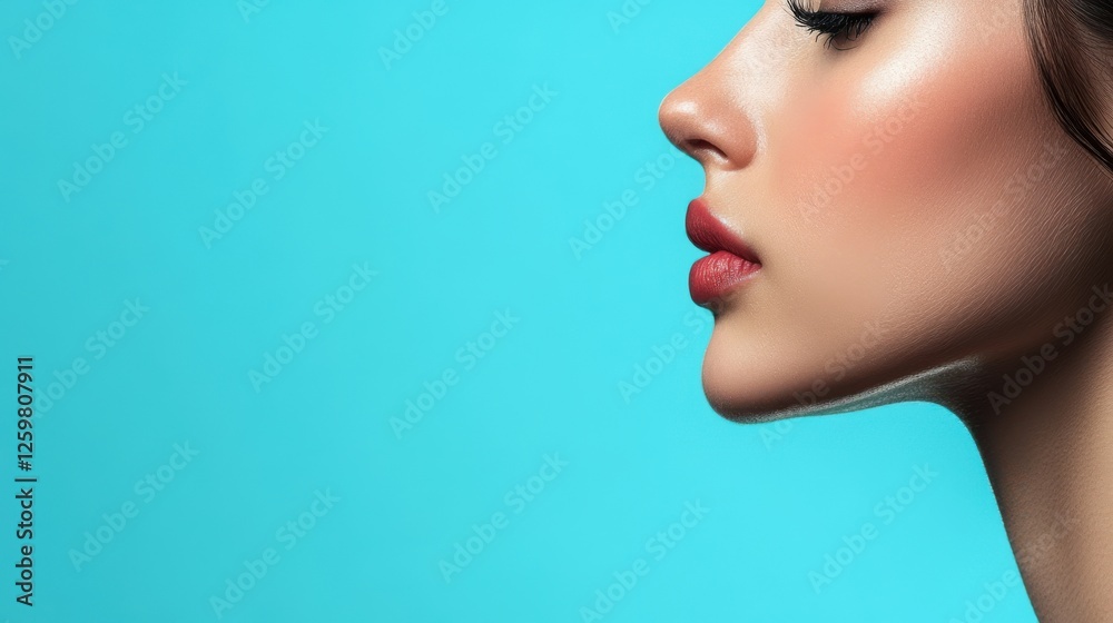 Obraz premium Young pretty girl with naturarl makeup on beige background. Skin care concept