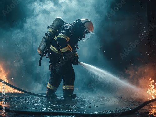 Firefighter is engaged in fire suppression with the help of firefighting equipment