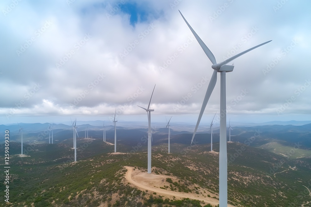 Aerial view of wind turbines rotating on a hilltop, under cloudy skies, renewable energy Aerial view of wind turbines rotating on a hilltop, under cloudy skies, renewable energy