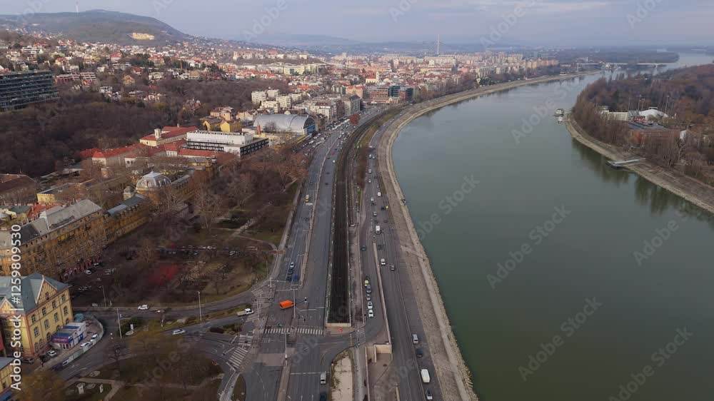 Crane drone shot of Budapest cityscape and Danube River in the day in Hungary Crane drone shot of Budapest cityscape and Danube River in the day in Hungary