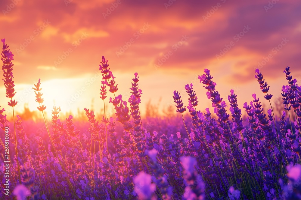 Naklejka premium Sunset Lavender Field, Provence, France, Calm
