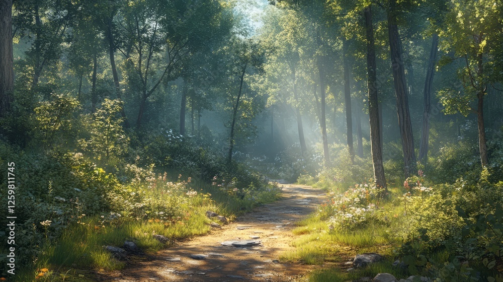 Fototapeta premium A tranquil forest trail with dappled sunlight filtering through the trees and a soft summer breeze