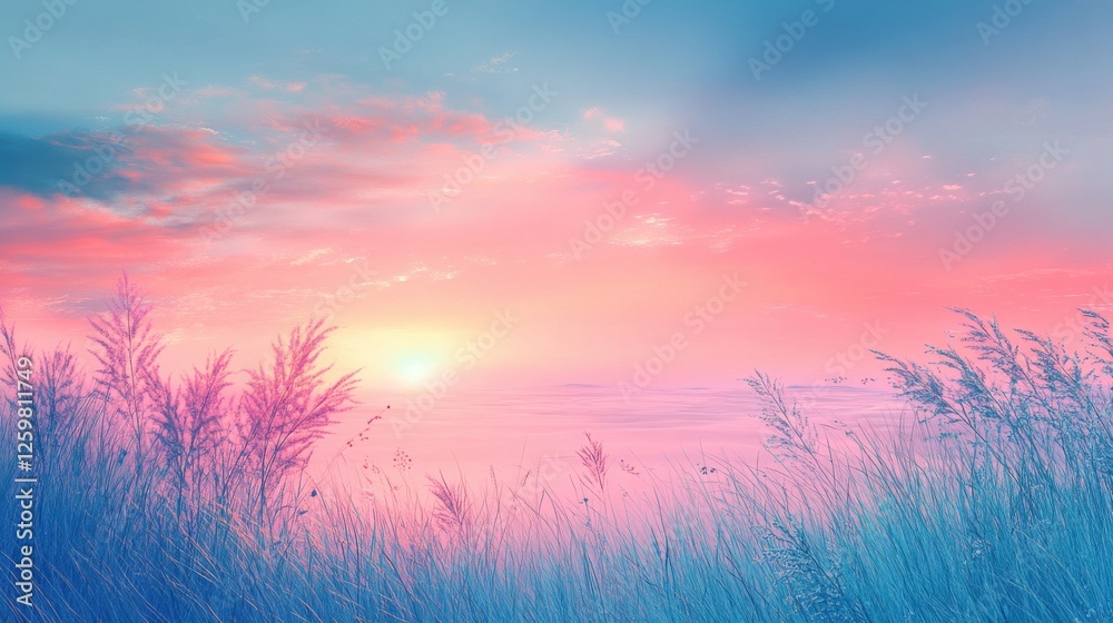 Fototapeta premium A serene landscape featuring a colorful sunset with soft pink and blue hues, accompanied by tall grasses swaying gently in the breeze.