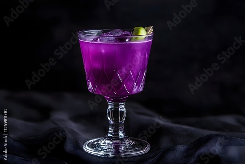 Purple cocktail, ice, lime, dark background, menu (1) photo